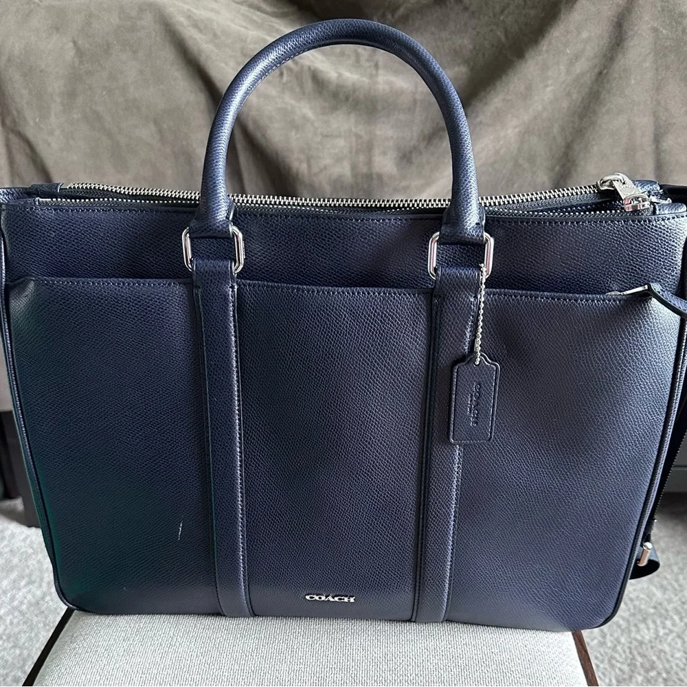 Coach Navy Leather Briefcase with Top Handles - Picture 2 of 7